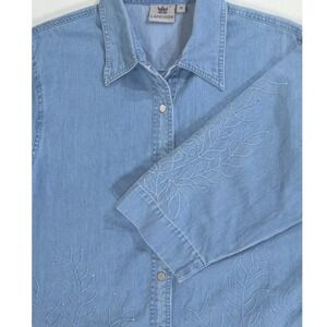 Lafei Nier Denim Button Down Medium Embroidered Rhinestones 3/4 Sleeve Cotton